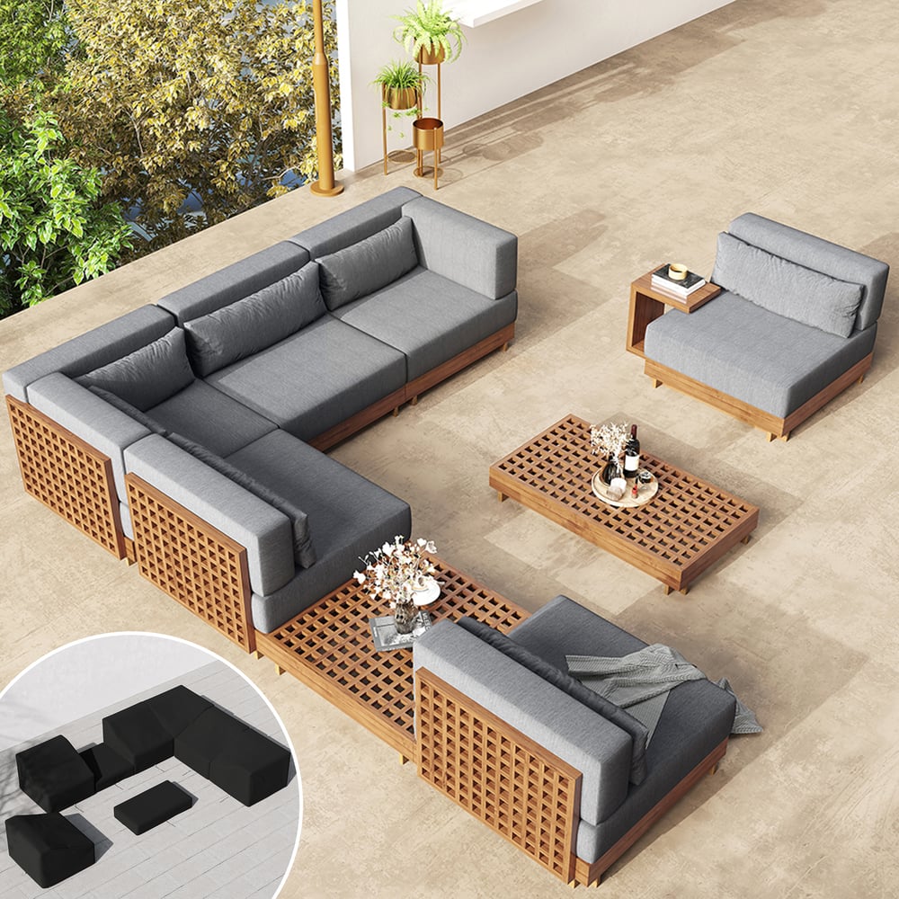 Ensemble de canapé sectionnel moderne de 9 pièces avec table basse en bois de teck et coussin image de fenêtre
