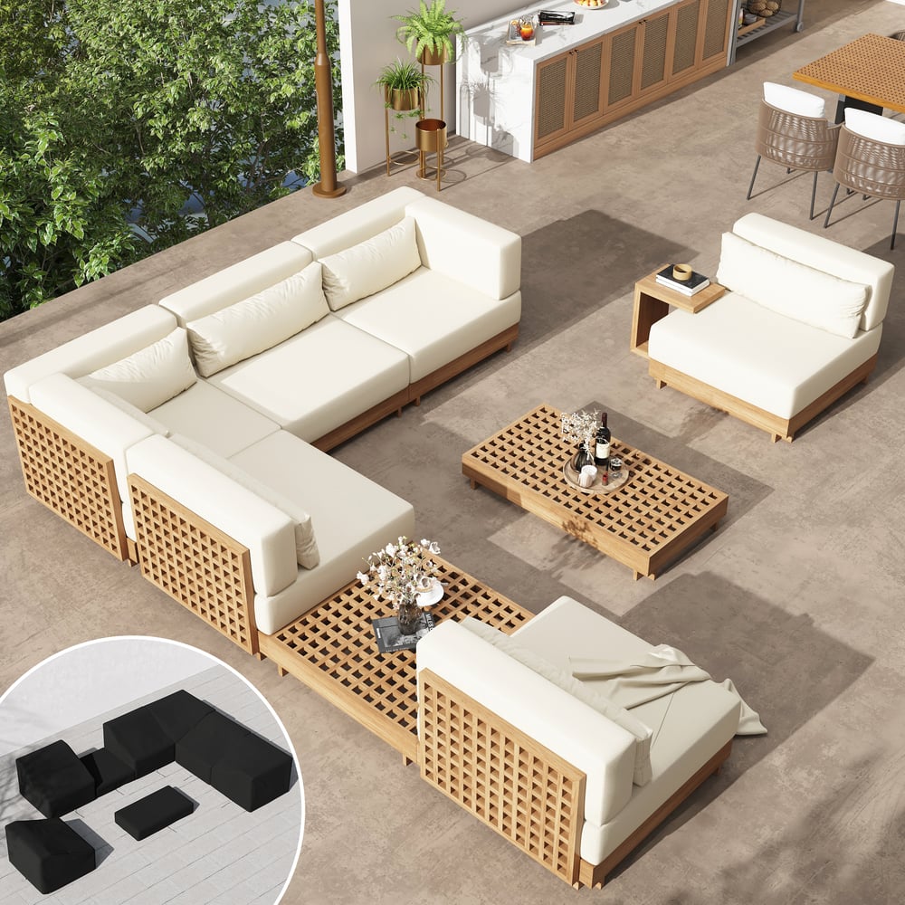 Conjunto de sofá secional externo modular de teca premium em forma de L de 9 peças em bege Imagem da janela