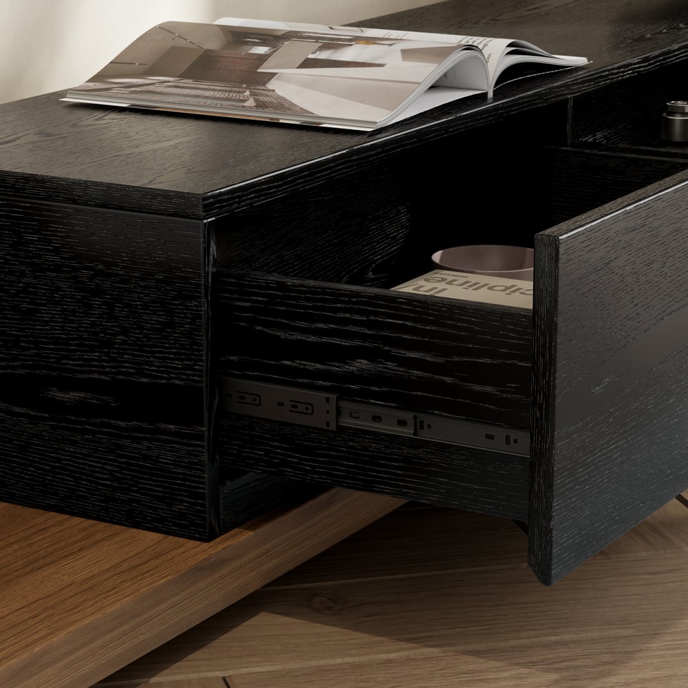 Extendable Floor Walnut TV Stand with 3 Drawers(84"-110") window image