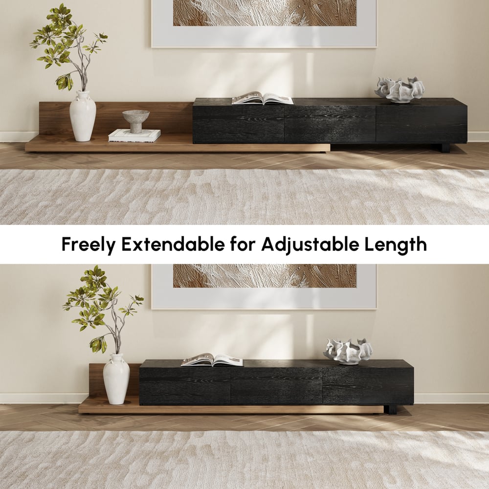 Extendable Floor Walnut TV Stand with 3 Drawers(84"-110") window image