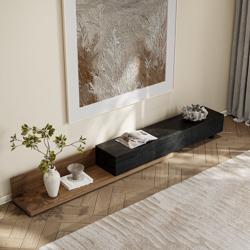 Extendable Floor Walnut TV Stand with 3 Drawers(84"-110") window image