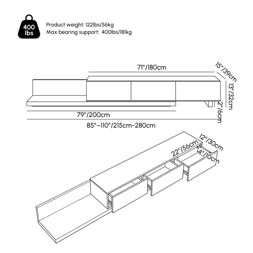 Extendable Floor Walnut TV Stand with 3 Drawers(84"-110") weights dimensions image