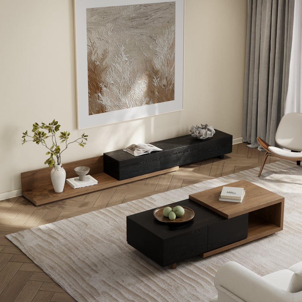 Extendable Floor Walnut TV Stand with 3 Drawers(84"-110") window image