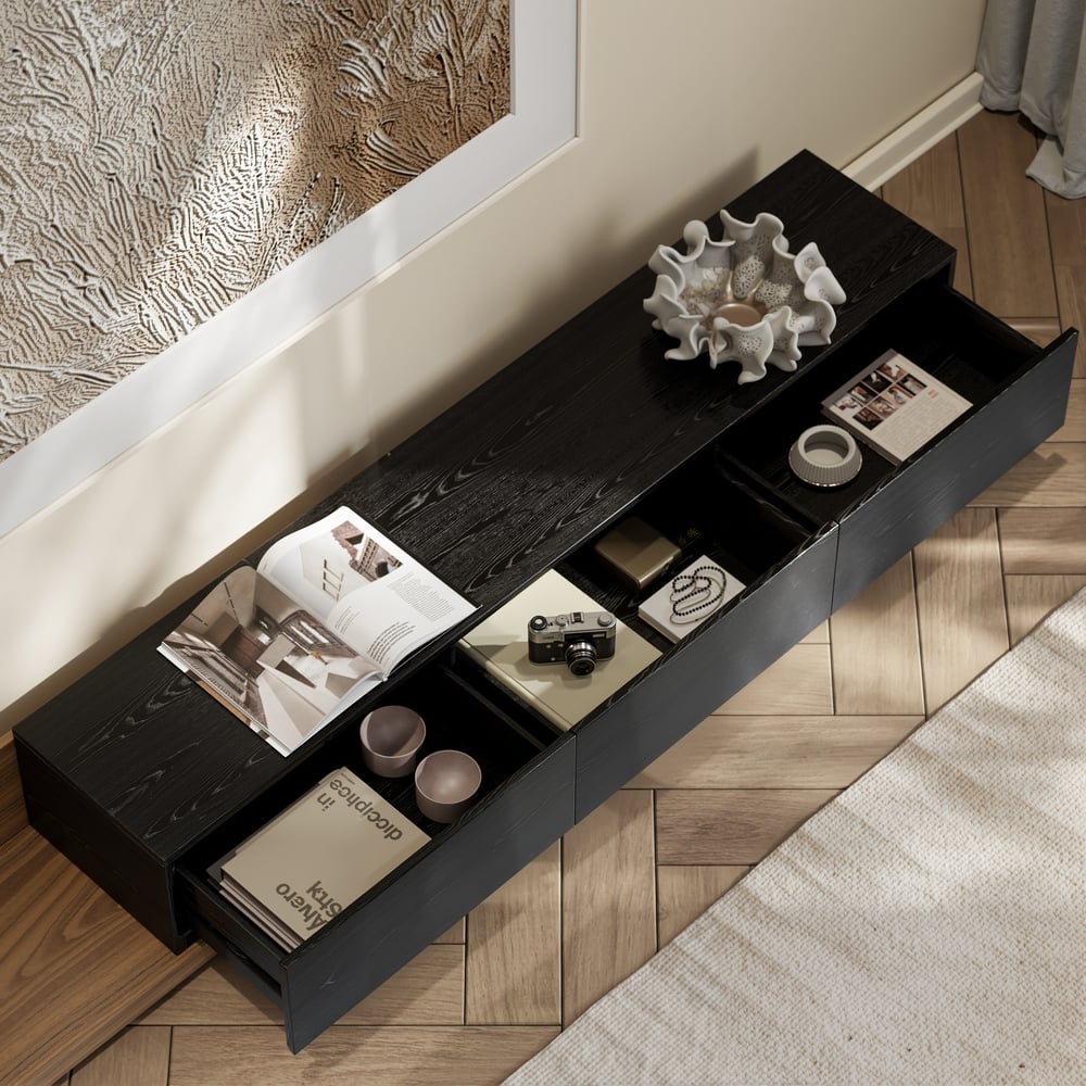 Extendable Floor Walnut TV Stand with 3 Drawers(84"-110") window image