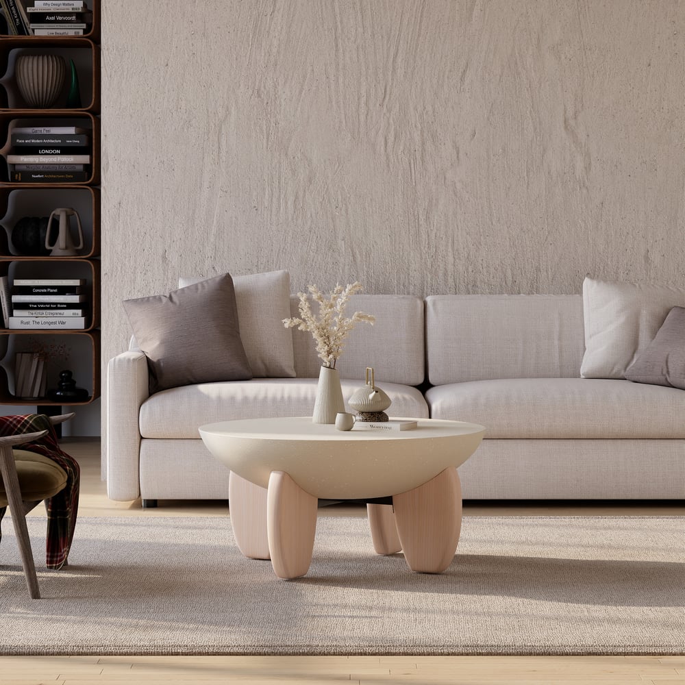 Curva Round Concrete Walnut Coffee Table with Wood Legs window image