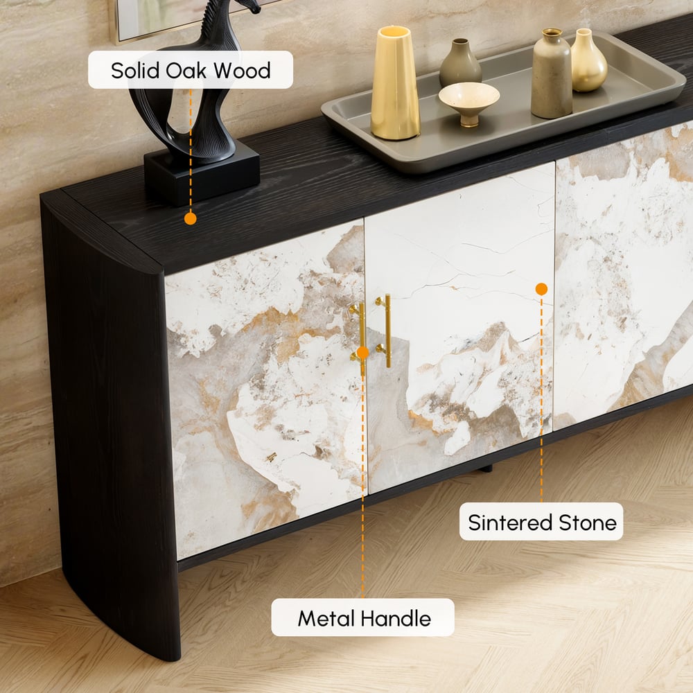 Modern 72" Sintered Stone Sideboard with Oak Wood Frame & Adjustable Shelves window image