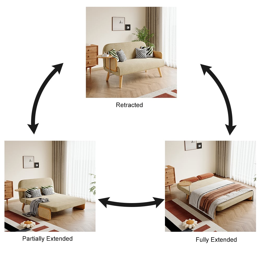 Sofá cama convertible de 2 plazas en algodón y lino con bandeja giratoria - avena Imagen de ventana