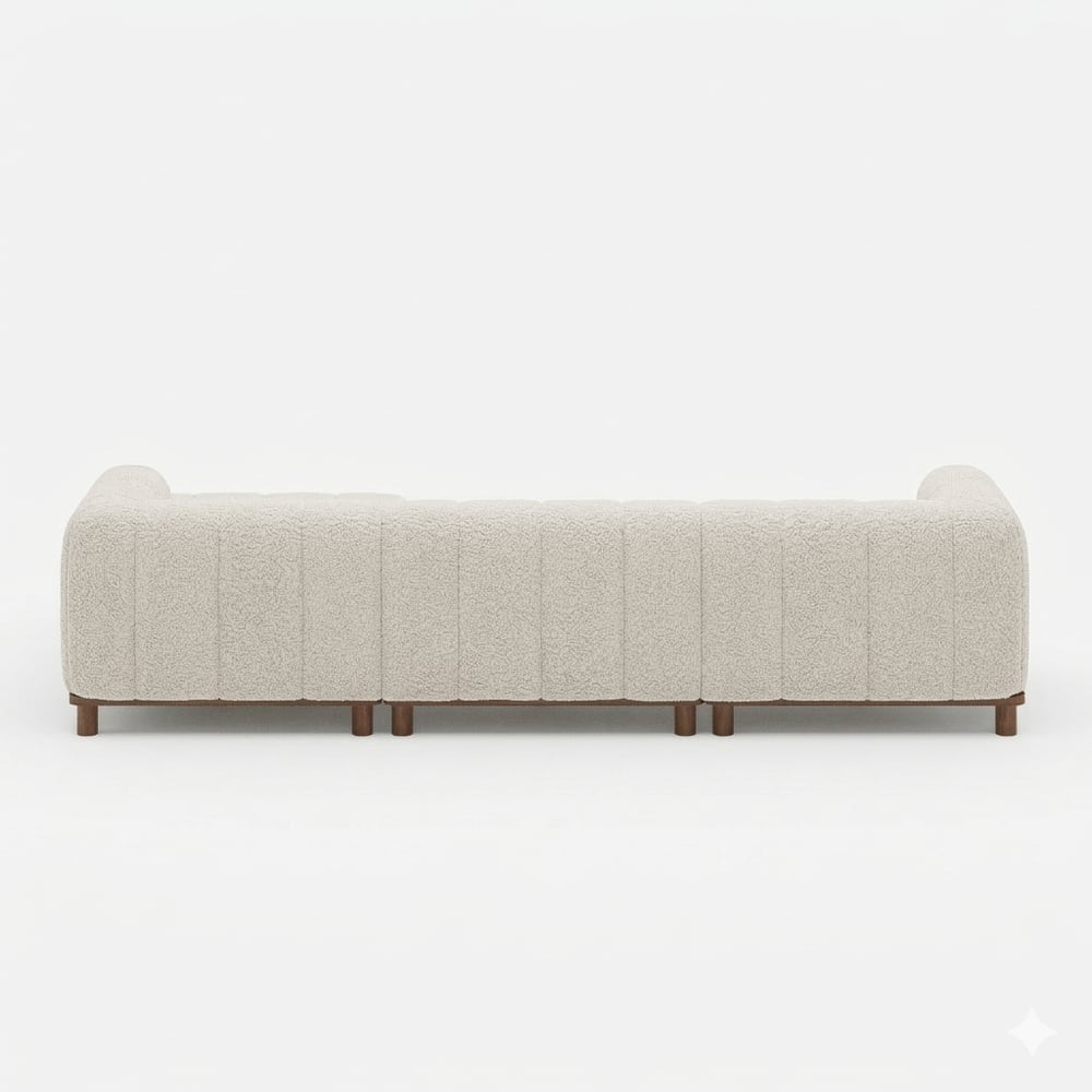 118" (cca 300 cm) 3dílná bouclé rohová pohovka ve tvaru L s lenoškou a dřevěnými nohami obrázek okna