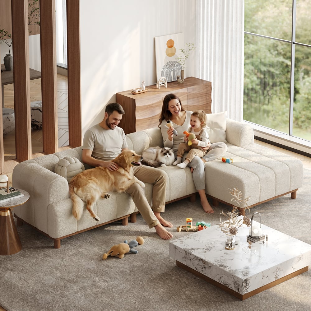 118" (cca 300 cm) 3dílná bouclé rohová pohovka ve tvaru L s lenoškou a dřevěnými nohami obrázek okna