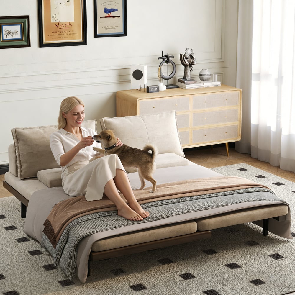 Three-seater cotton and linen sofa bed with pillows, 2000 mm window image