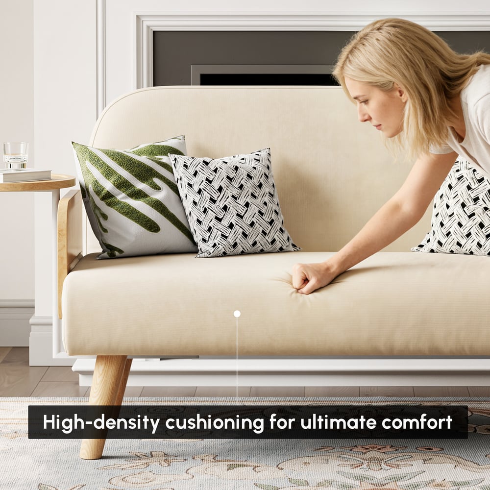 Sofá cama convertible de 2 plazas en algodón y lino con bandeja giratoria - avena Imagen de ventana