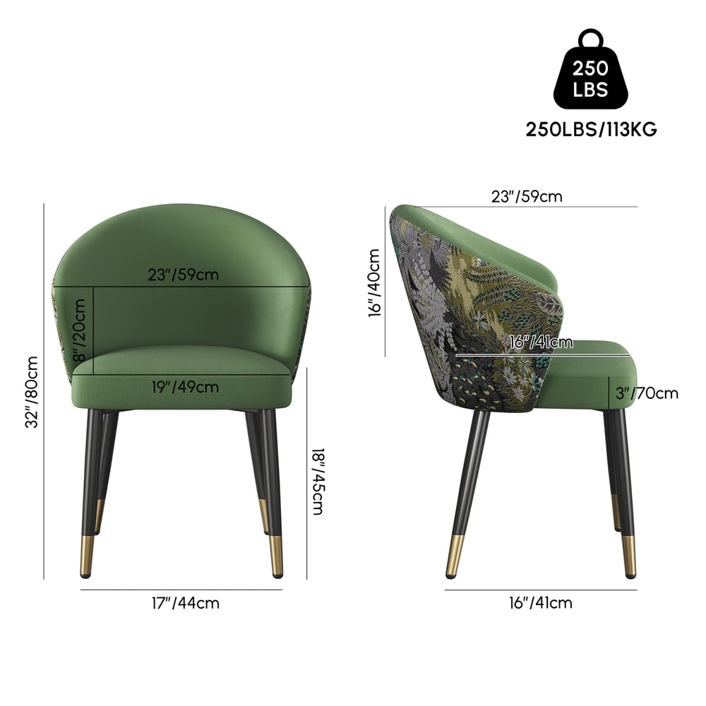 Moderní sametová jídelní židle s čalouněným sedákem v zelené barvě, sada 2 ks váhy a rozměry obrázku