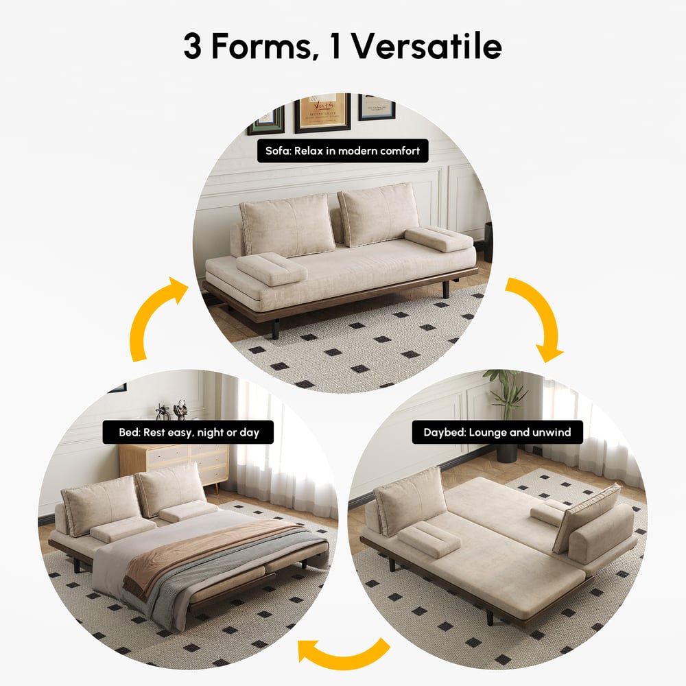 Three-seater cotton and linen sofa bed with pillows, 2000 mm window image