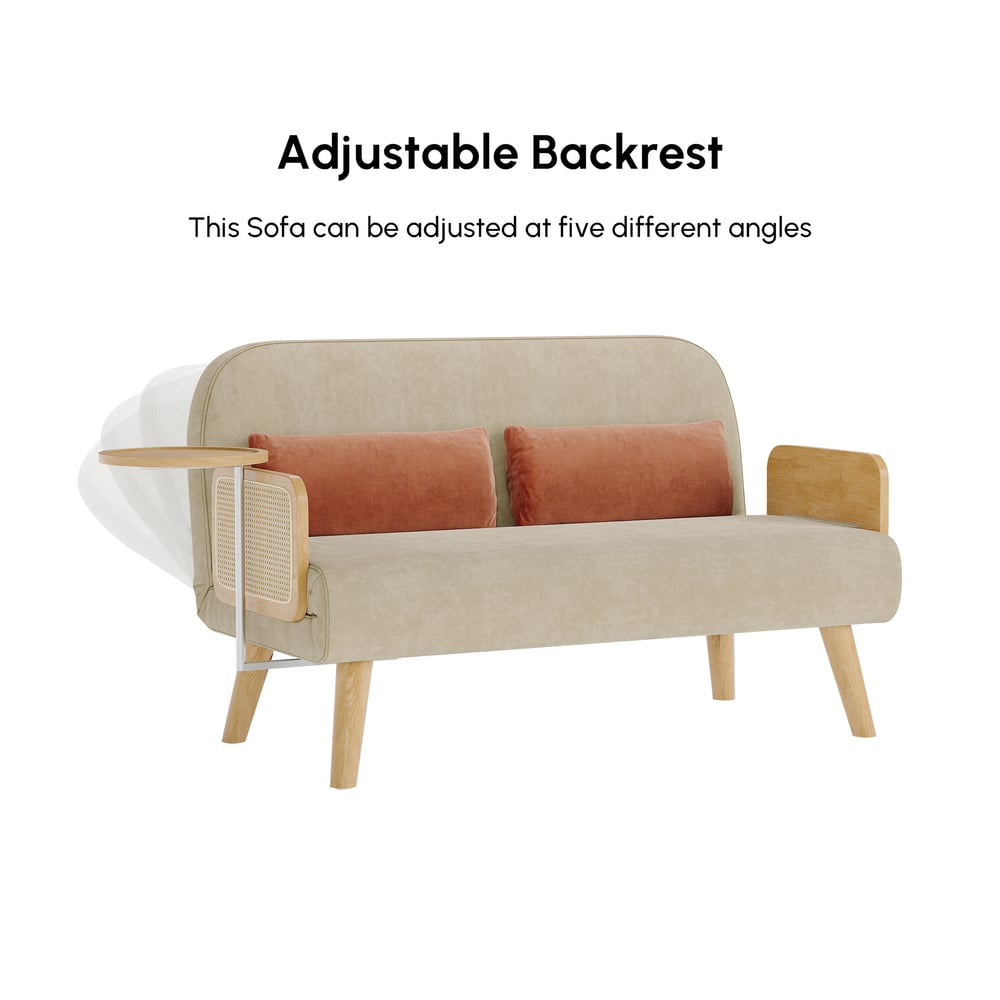 Sofá cama convertible de 2 plazas en algodón y lino con bandeja giratoria - avena Imagen de ventana