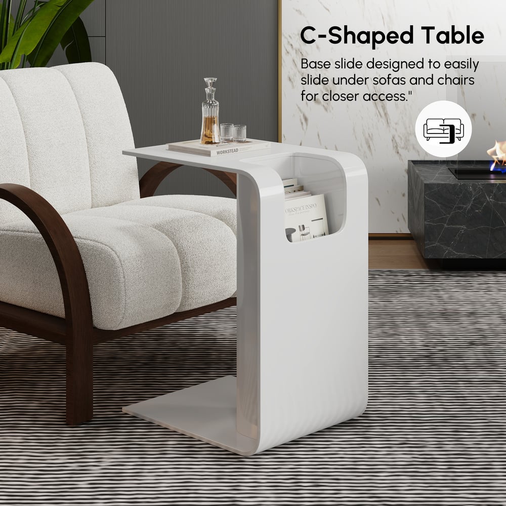 Moderní multifunkční odkládací stolek v bílé barvě s držákem na časopisy, 60 cm obrázek okna