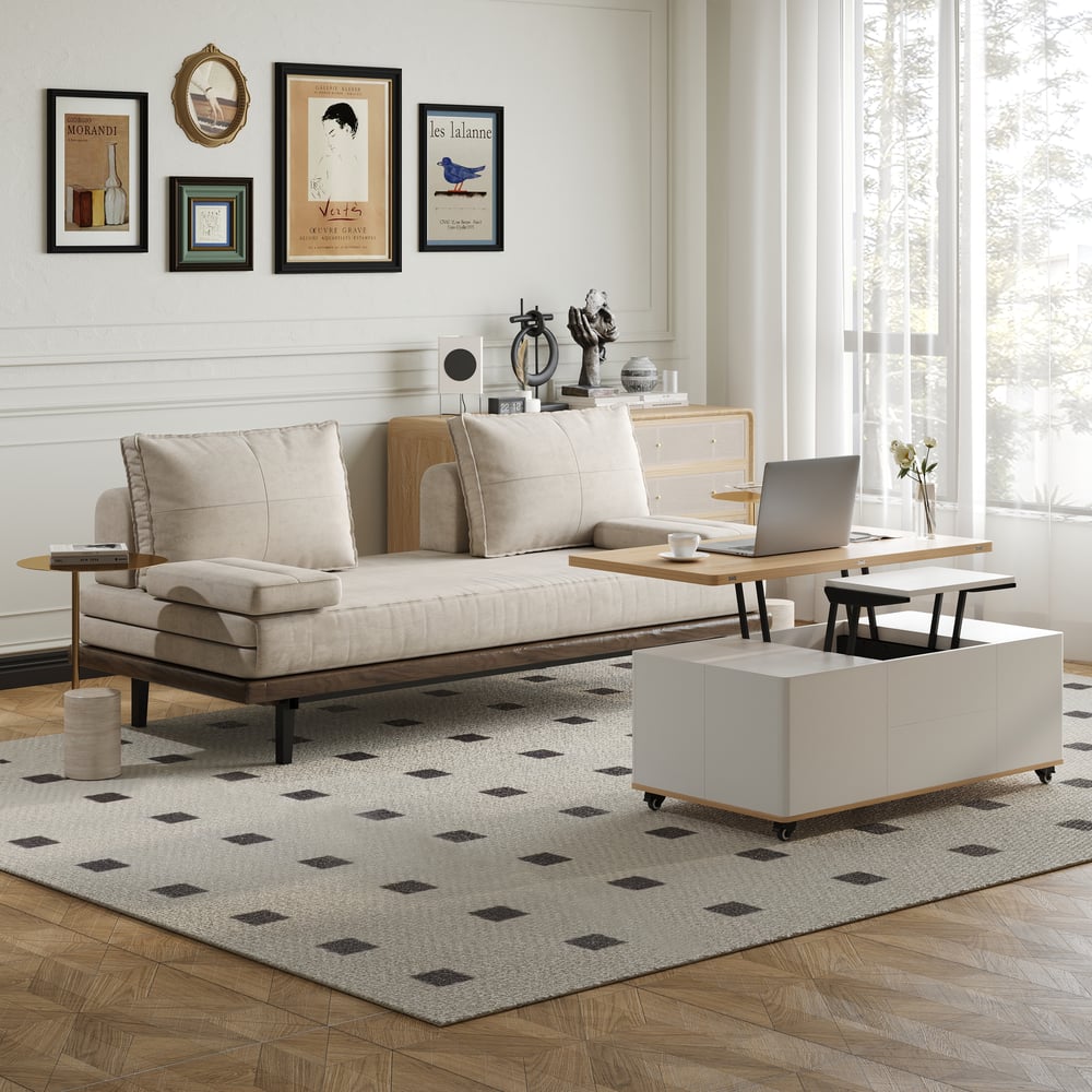 Three-seater cotton and linen sofa bed with pillows, 2000 mm window image