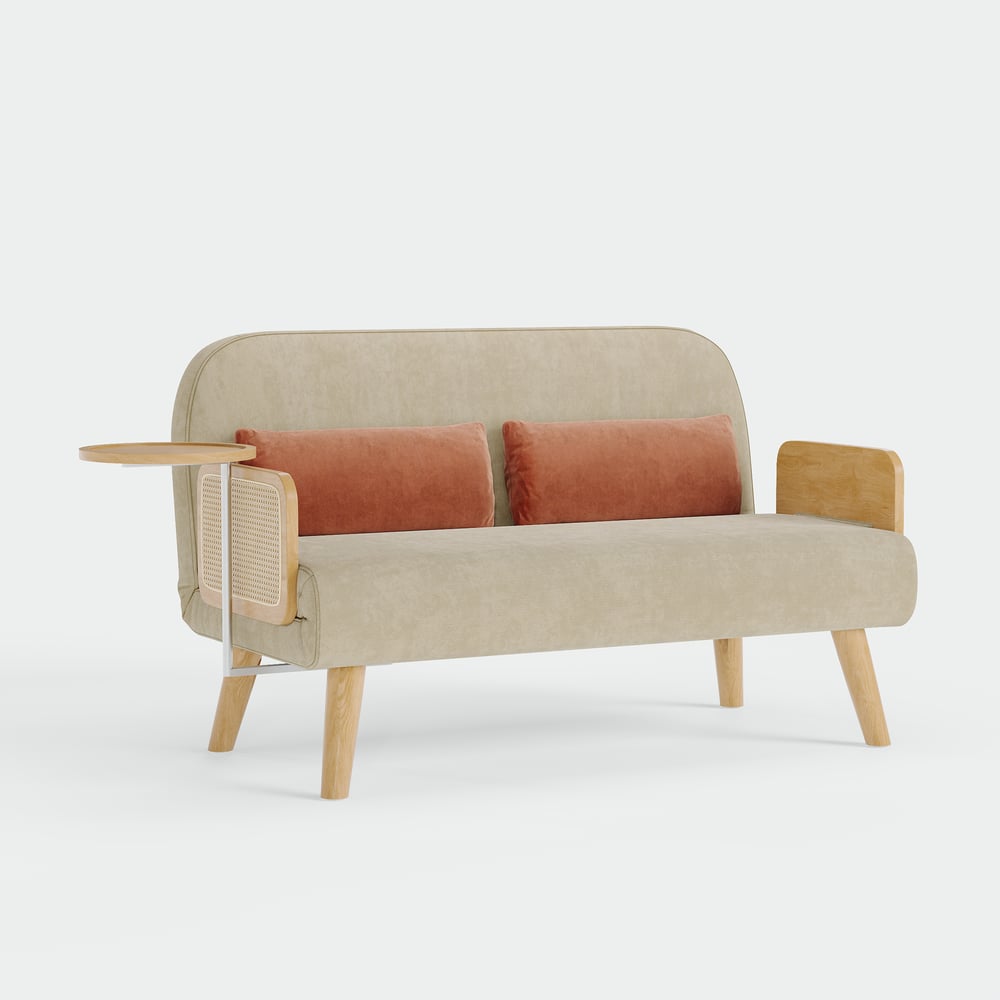 Sofá cama convertible de 2 plazas en algodón y lino con bandeja giratoria - avena Imagen de ventana