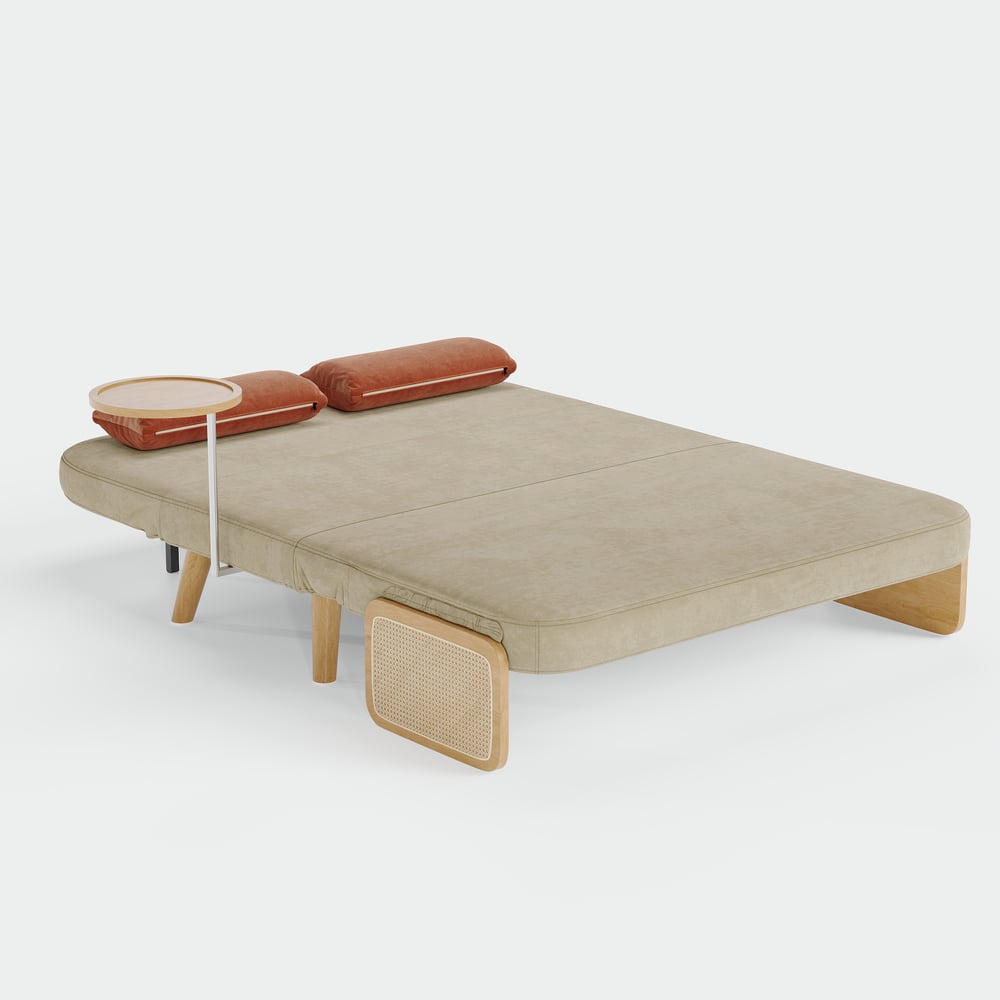 Sofá cama convertible de 2 plazas en algodón y lino con bandeja giratoria - avena Imagen de ventana