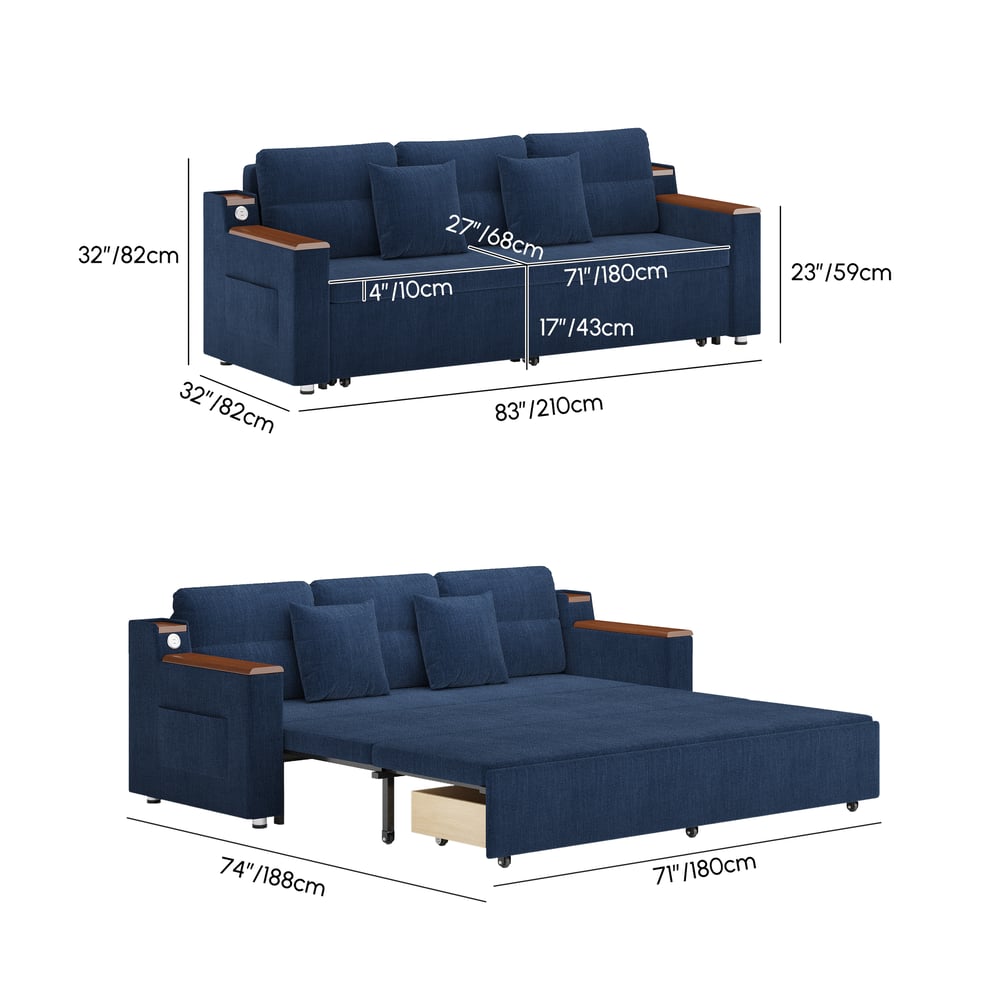 2-Sitzer Baumwoll-Leinen-Schlafsofa mit Auszugfunktion und Stauraum Bild der Gewichte & Abmessungen