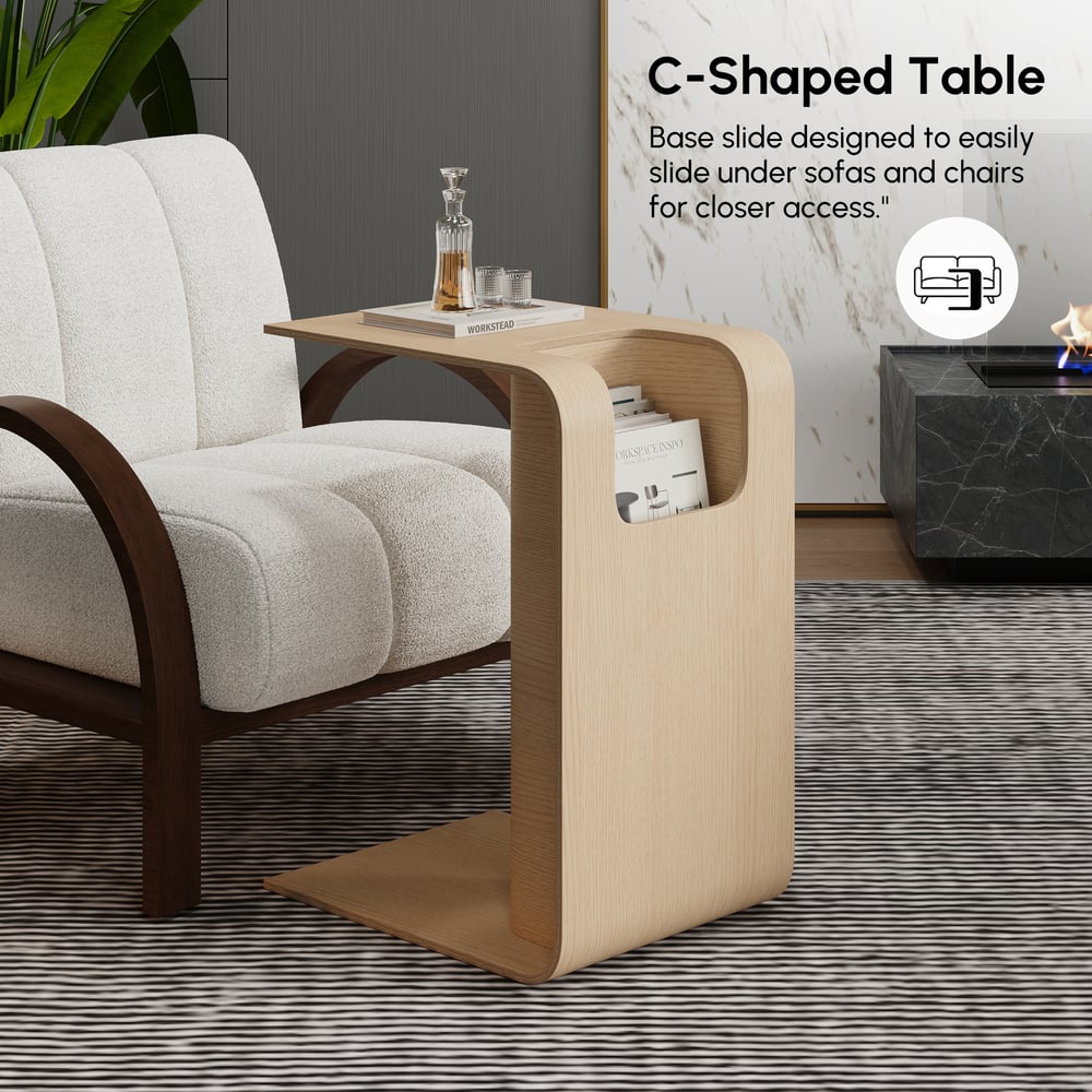 Table d'appoint convertible en bois naturel en forme de C avec rangement image de fenêtre
