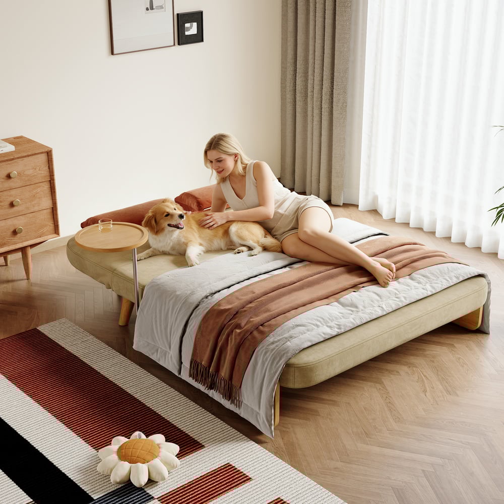 Sofá cama convertible de 2 plazas en algodón y lino con bandeja giratoria - avena Imagen de ventana