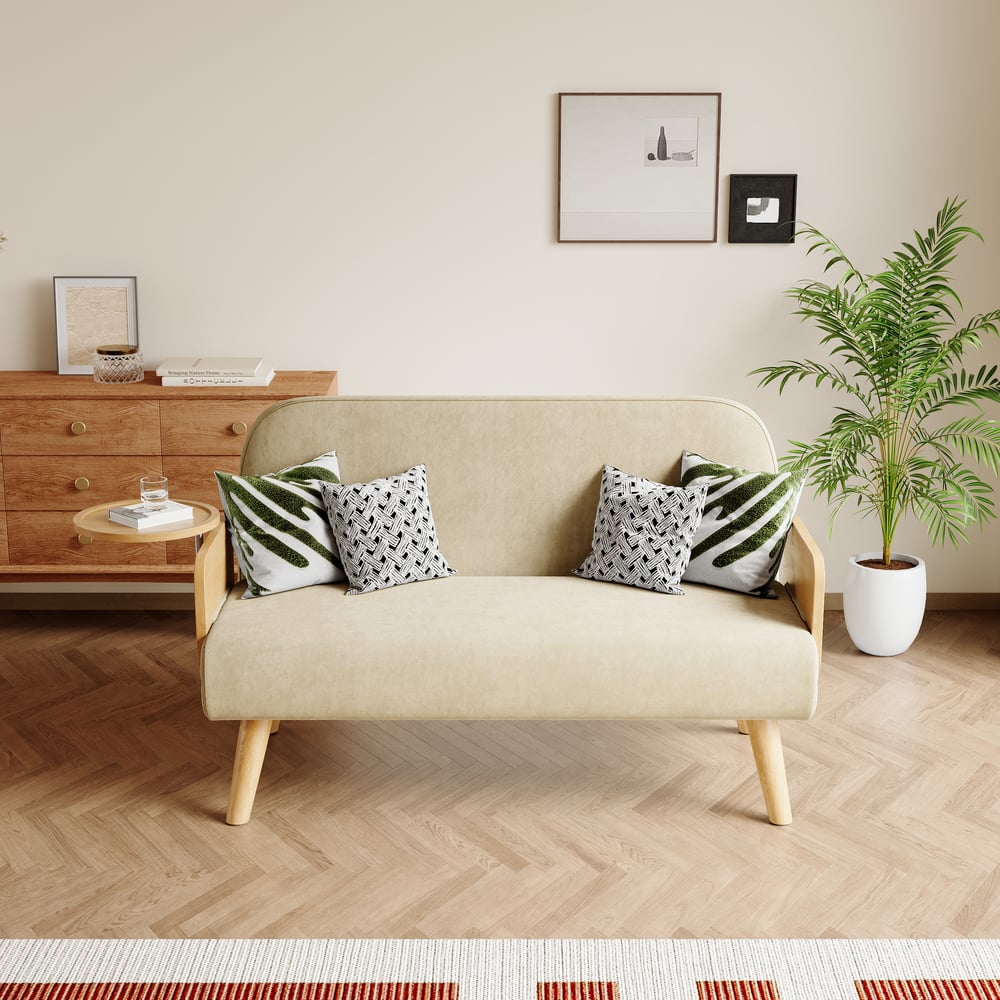 Sofá cama convertible de 2 plazas en algodón y lino con bandeja giratoria - avena Imagen de ventana