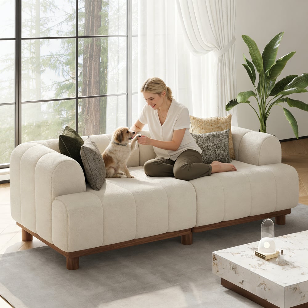 80-calowa, 2-częściowa sofa sekcyjna Boucle z drewnianymi nóżkami obraz okna