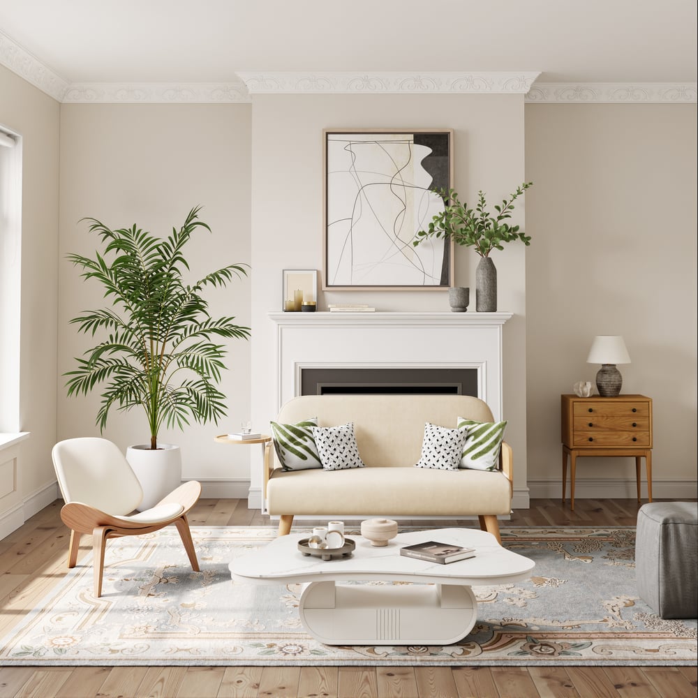 Sofá cama convertible de 2 plazas en algodón y lino con bandeja giratoria - avena Imagen de ventana