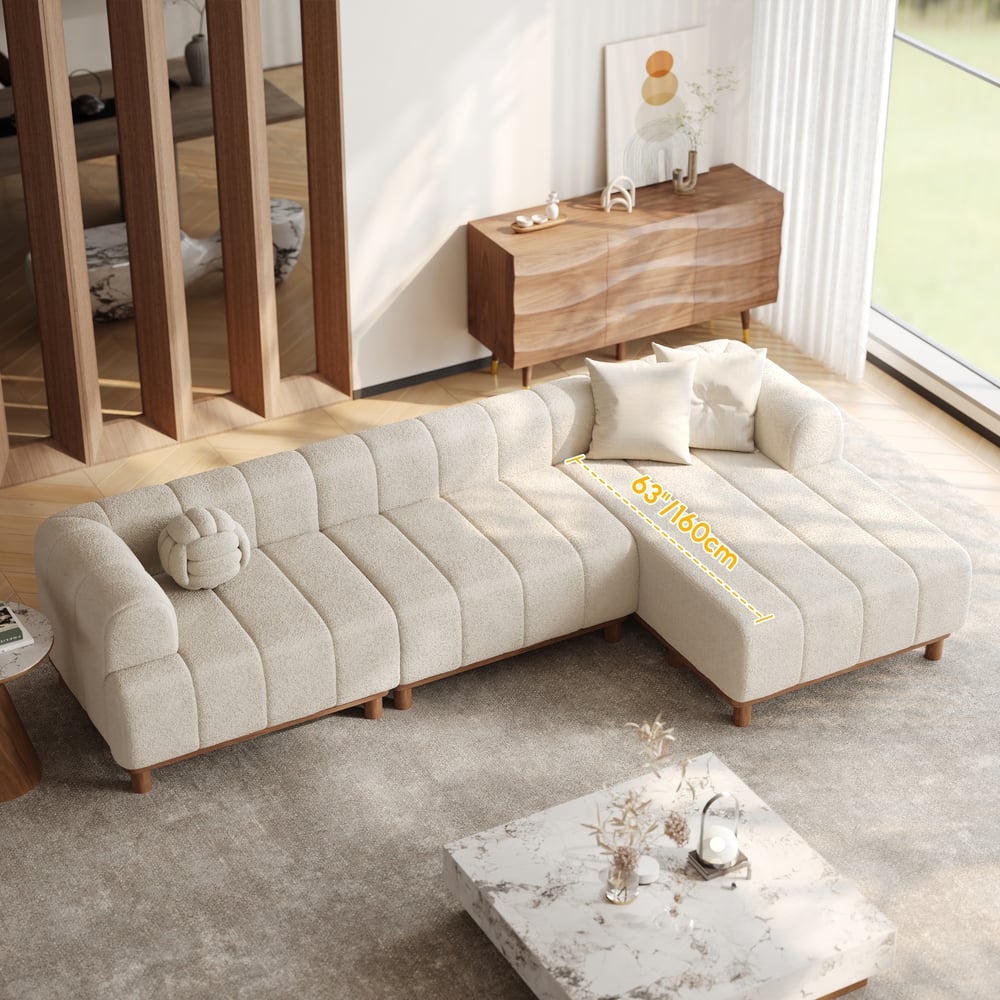 118" (cca 300 cm) 3dílná bouclé rohová pohovka ve tvaru L s lenoškou a dřevěnými nohami obrázek okna