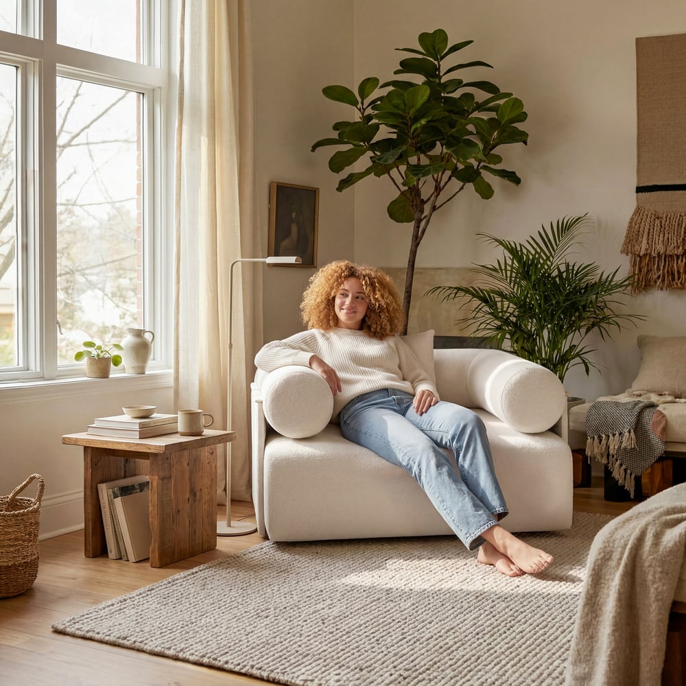 Klidné moderní bílé chenille sametové křeslo do obývacího pokoje obrázek okna