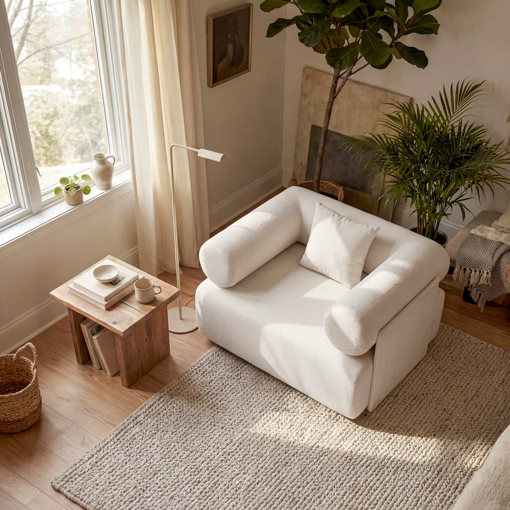 Klidné moderní bílé chenille sametové křeslo do obývacího pokoje obrázek okna