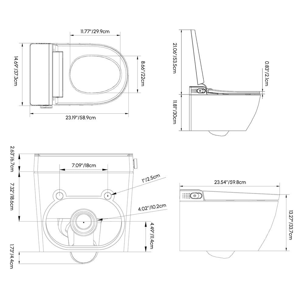Intelligentes wandmontiertes Dusch-WC mit voller Funktion und wassersparender Effizienz Bild der Gewichte & Abmessungen