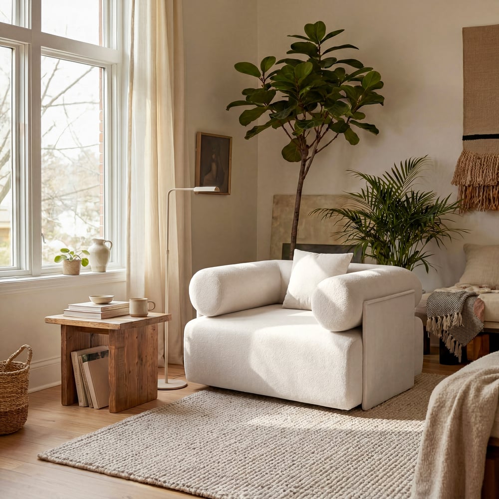 Klidné moderní bílé chenille sametové křeslo do obývacího pokoje obrázek okna