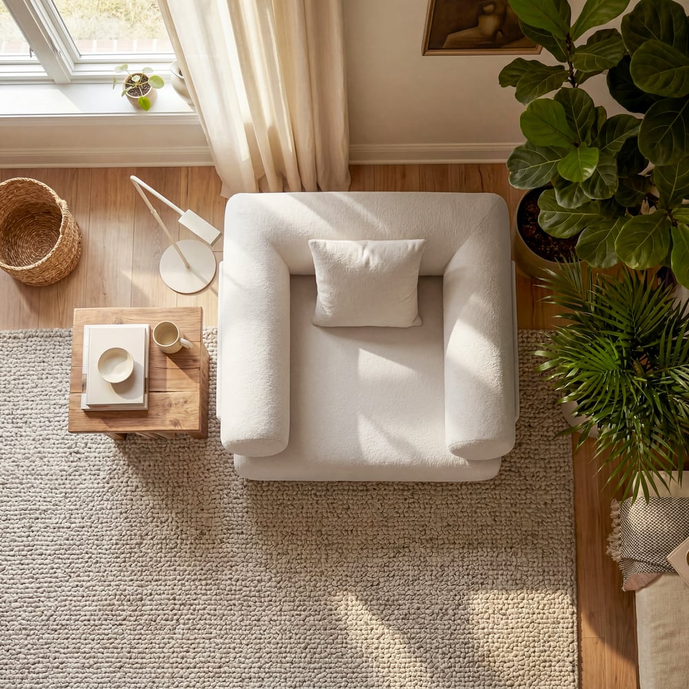 Klidné moderní bílé chenille sametové křeslo do obývacího pokoje obrázek okna