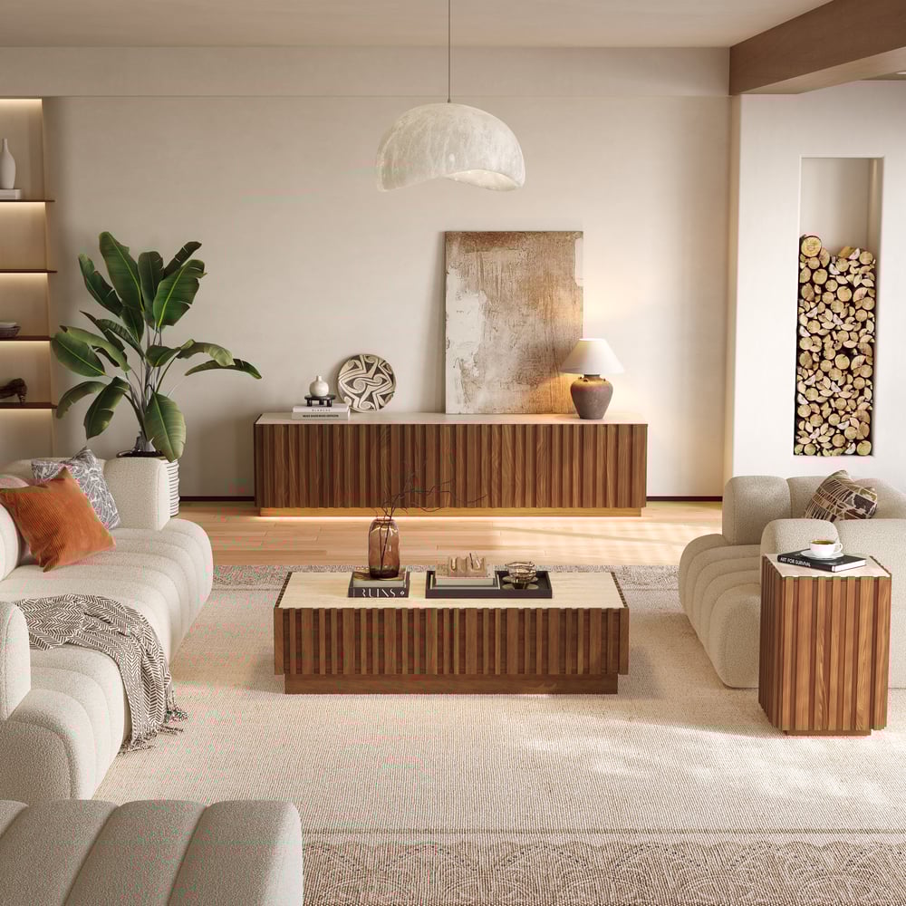 Aura 83" Ash Wood Fluted Walnut TV Stand with Sintered Stone Top window image