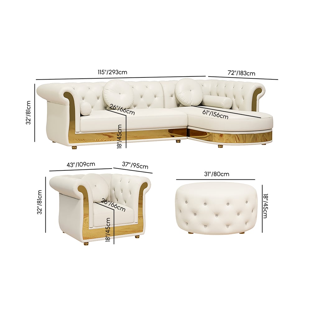 Dodiy moderne L-vormige witte getufte hoekbank 6-zitsbank met voetenbank en kussens Afbeelding met gewichten en afmetingen