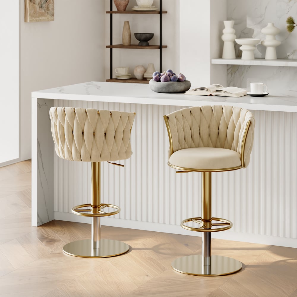 Banquinho de bar ajustável moderno de veludo branco quente e dourado com rotação, 2 peças Imagem da janela