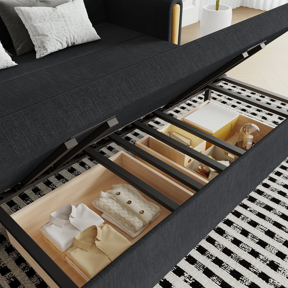 Moderno 208 cm Queen Sofá-Cama Conversível de 3 Lugares em Linho com Armazenamento Imagem da janela
