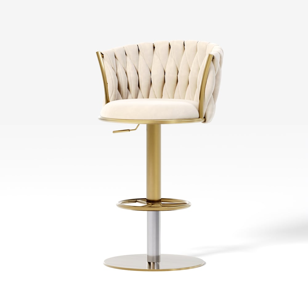Banquinho de bar ajustável moderno de veludo branco quente e dourado com rotação, 2 peças Imagem da janela