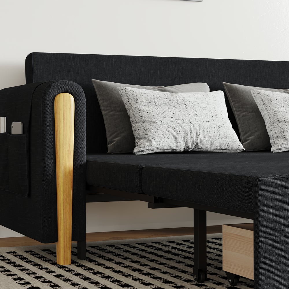 Moderno 208 cm Queen Sofá-Cama Conversível de 3 Lugares em Linho com Armazenamento Imagem da janela