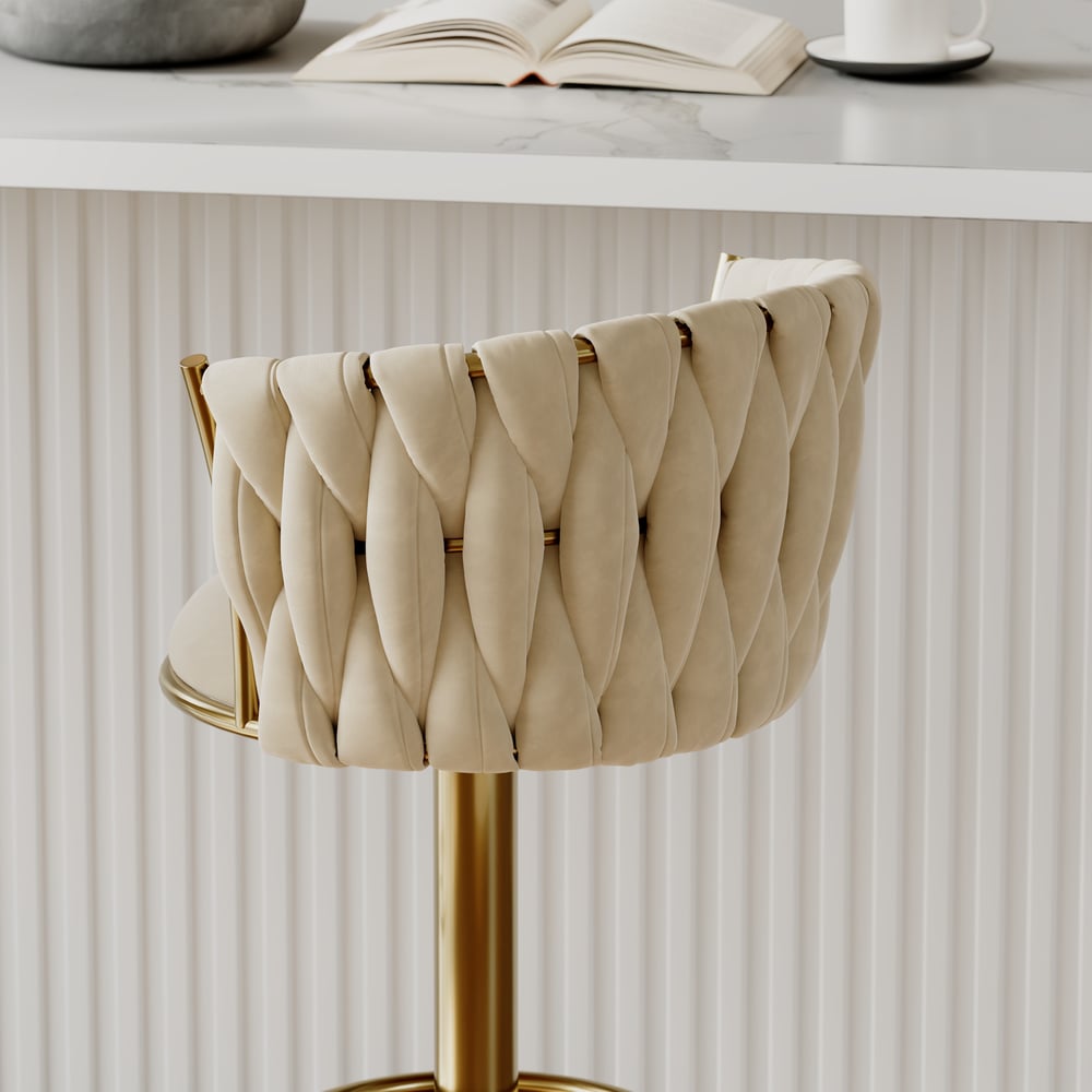 Banquinho de bar ajustável moderno de veludo branco quente e dourado com rotação, 2 peças Imagem da janela