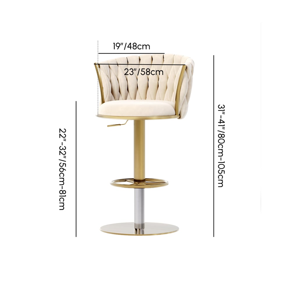 Banquinho de bar ajustável moderno de veludo branco quente e dourado com rotação, 2 peças Imagem com pesos e dimensões