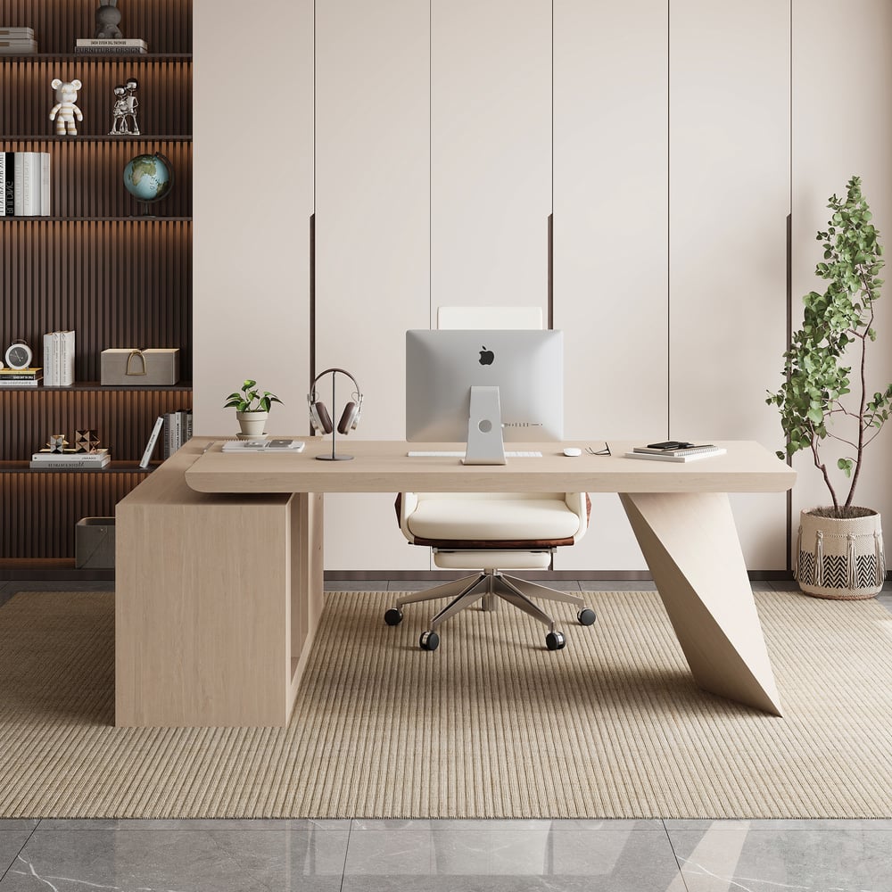 Modern 71" L-Shaped Whitewash Executive Desk with Storage, Left Hand window image