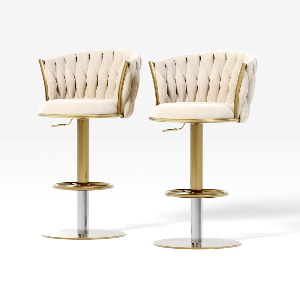 Banquinho de bar ajustável moderno de veludo branco quente e dourado com rotação, 2 peças Imagem da janela