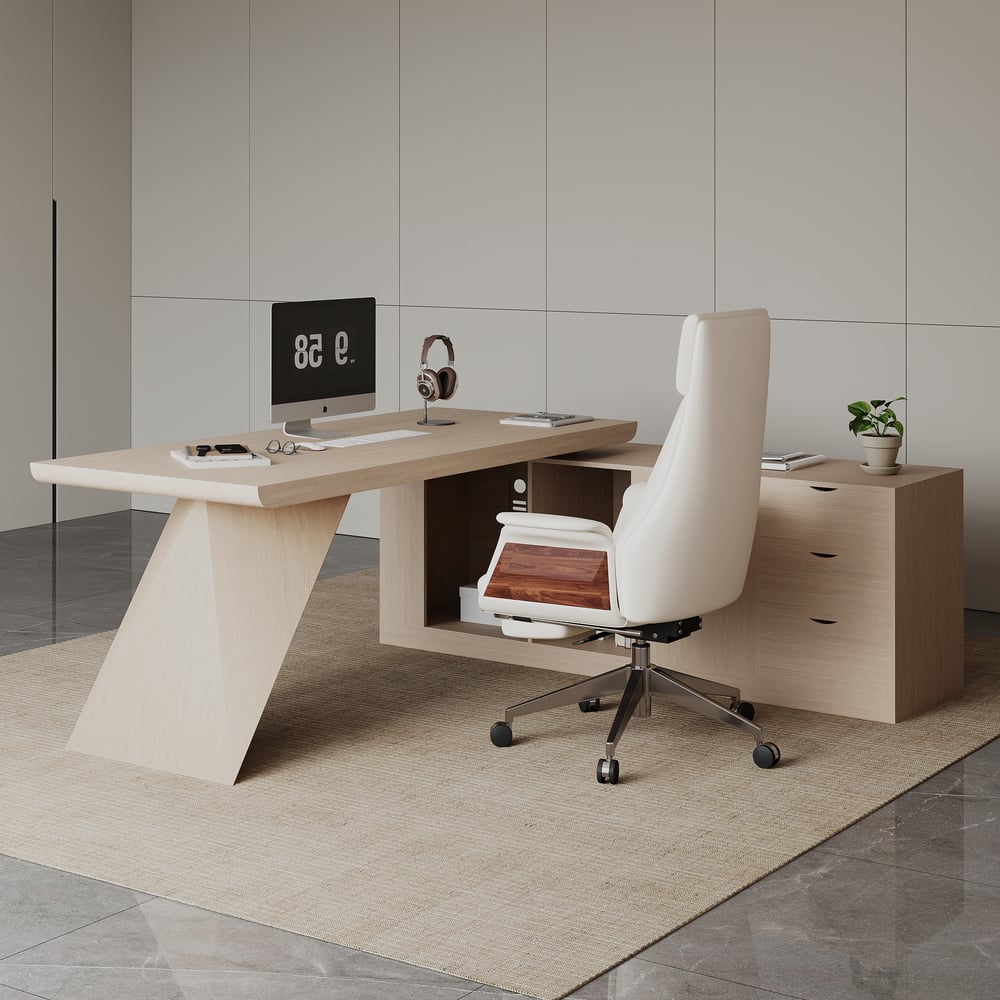 Modern 71" L-Shaped Whitewash Executive Desk with Storage, Left Hand window image