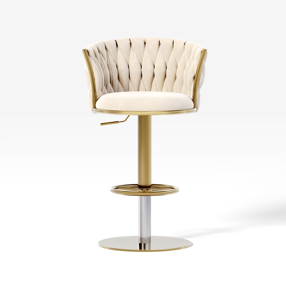 Banquinho de bar ajustável moderno de veludo branco quente e dourado com rotação, 2 peças Imagem da janela