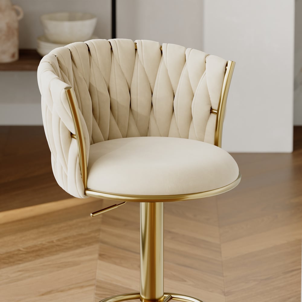 Banquinho de bar ajustável moderno de veludo branco quente e dourado com rotação, 2 peças Imagem da janela
