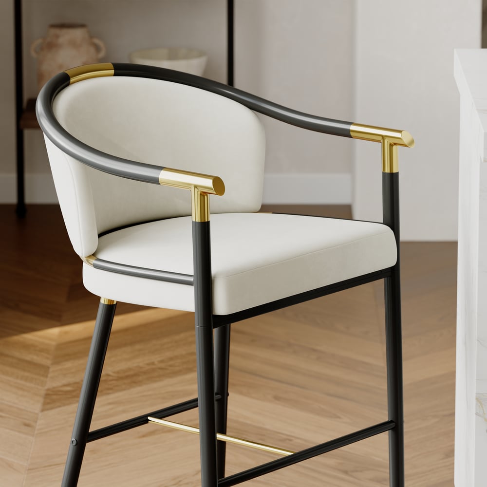 Cranis Beige Velvet Counter Stool with Upholstered, 1 Piece window image