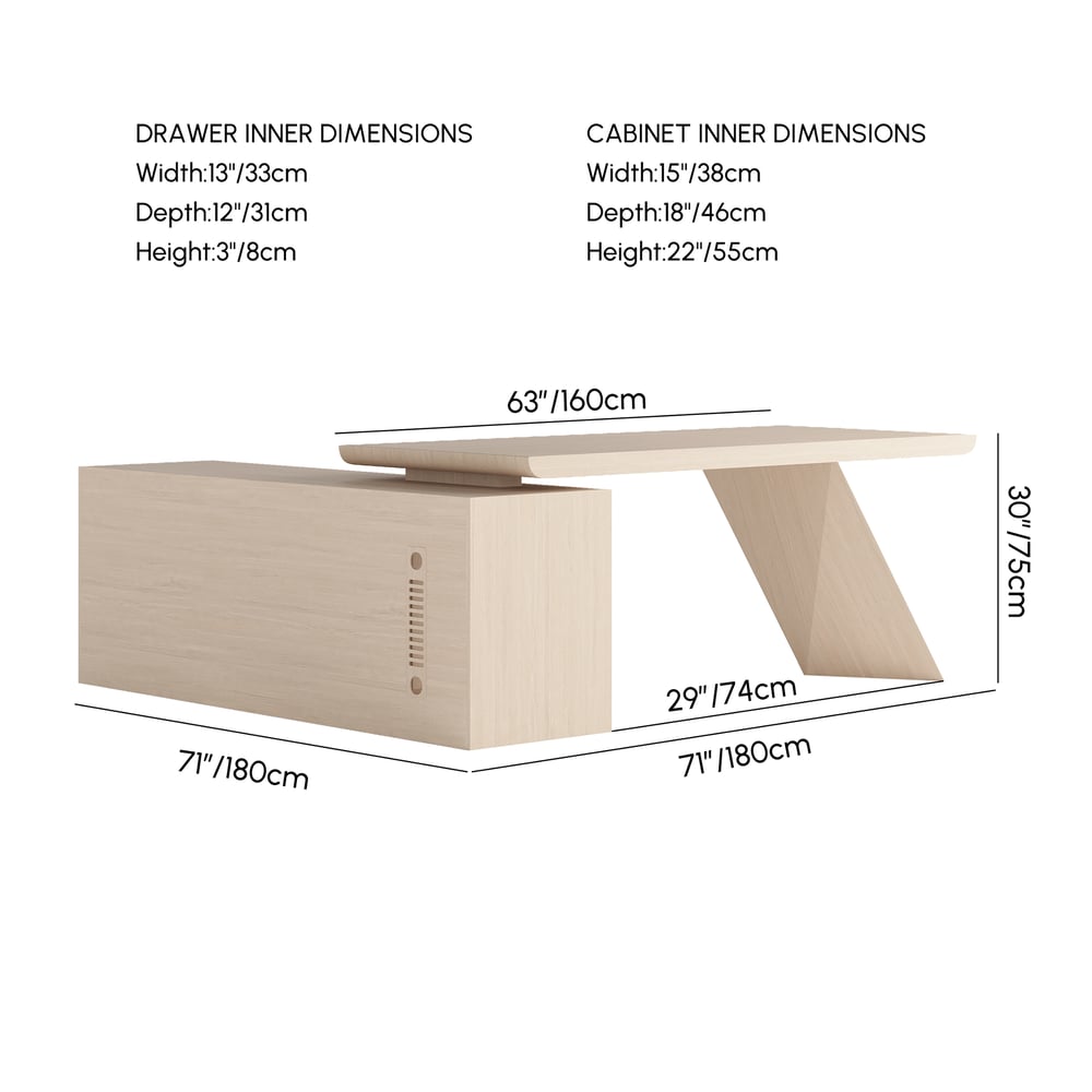 Modern 71" L-Shaped Whitewash Executive Desk with Storage, Left Hand weights dimensions image