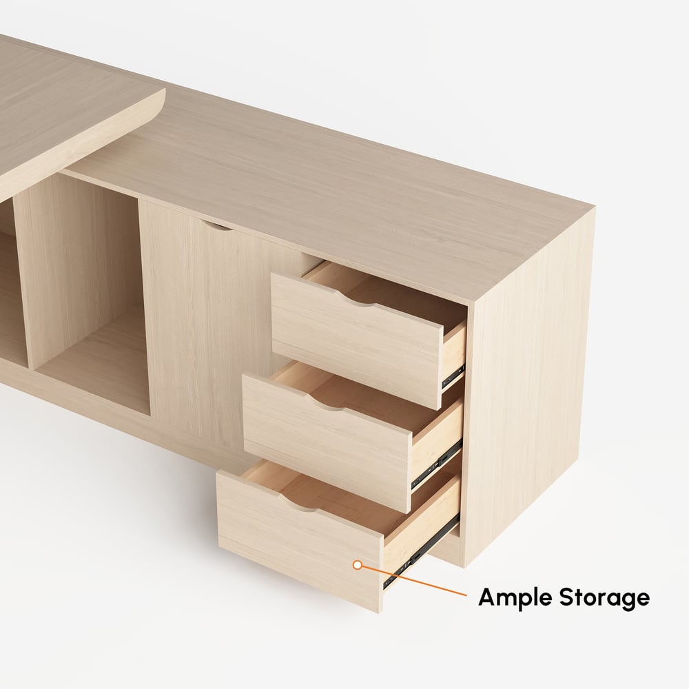 Modern 71" L-Shaped Whitewash Executive Desk with Storage, Left Hand window image